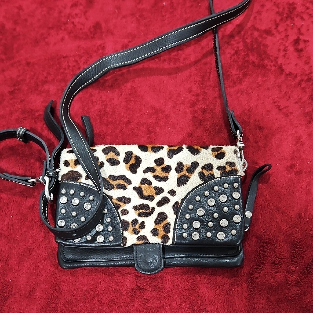 American West Leopard Print Studded Black Shoulder Bag